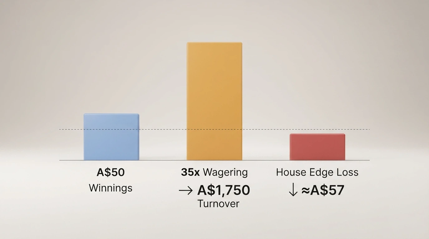 Diagram showing how a 35x wagering requirement multiplies A$50 in winnings into A$1,750 in required turnover