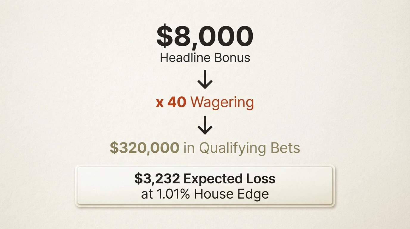 A calculator-style visual showing a welcome bonus figure being reduced by a wagering multiple, with the final real cost highlighted