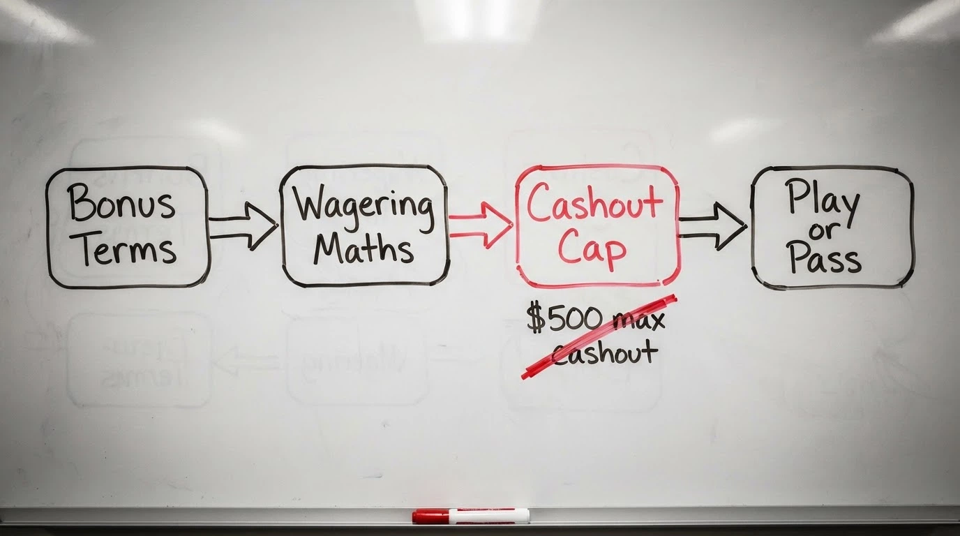 A simple hand-drawn decision flowchart on a whiteboard: bonus terms arrow wagering maths arrow cashout cap arrow play or pass, with a red marker crossing out a bonus that fails the check