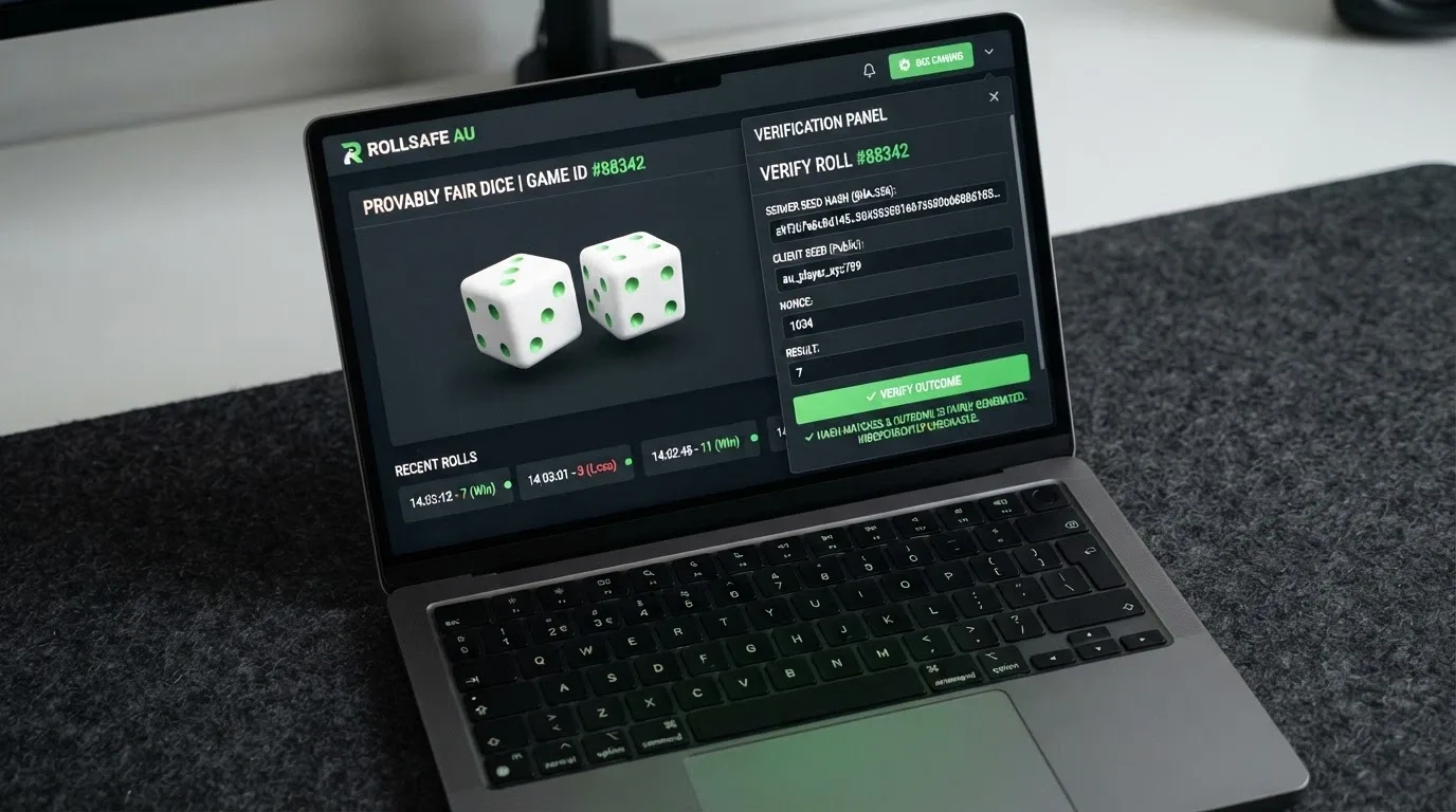 A provably fair dice game interface displaying the server seed hash, client seed input field and the nonce counter, with a verification-tool panel open beside the game.