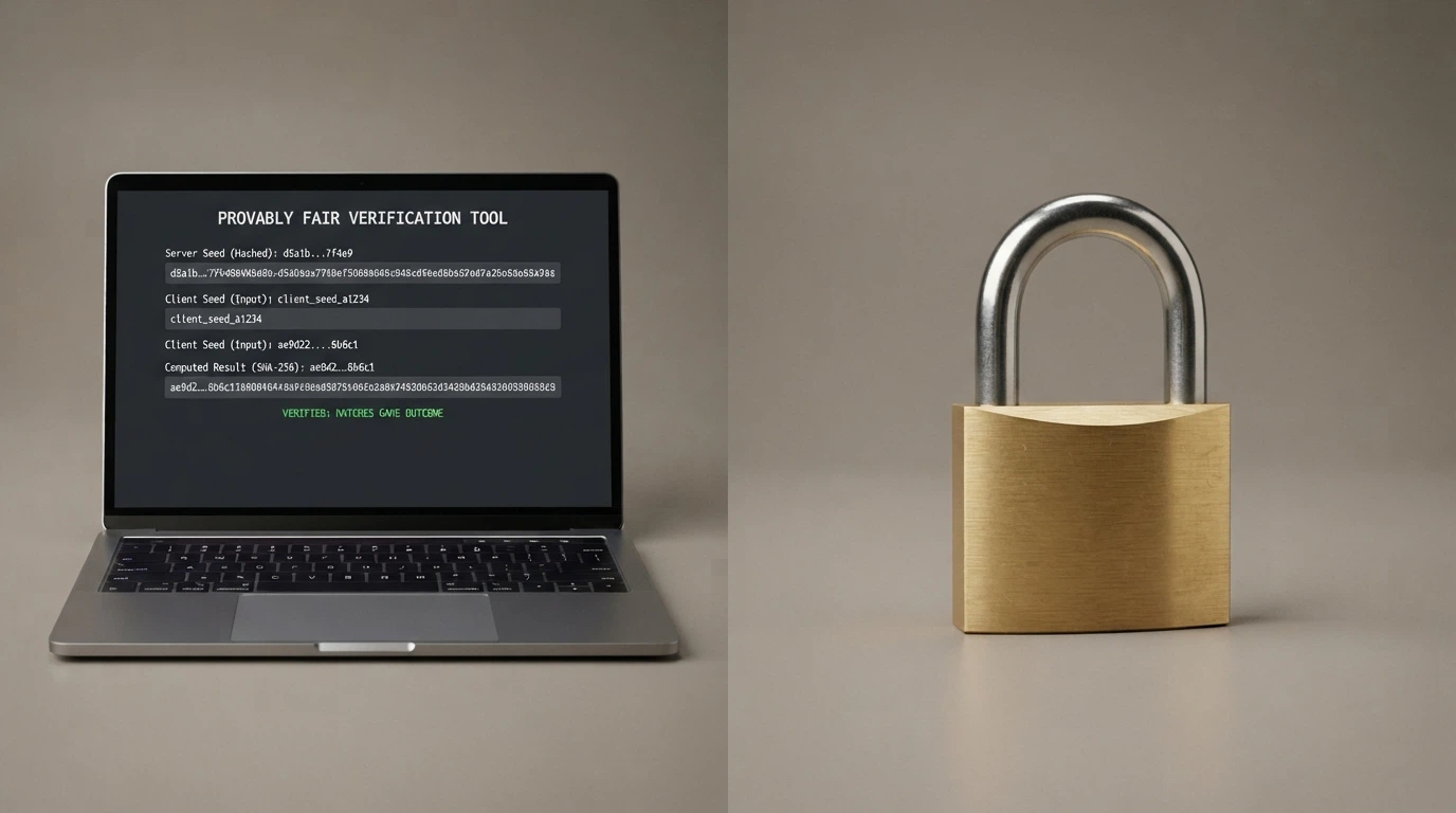 A split screen: left side showing a client-seed and server-seed verification tool with hash output, right side showing a padlock icon next to “No KYC Required”