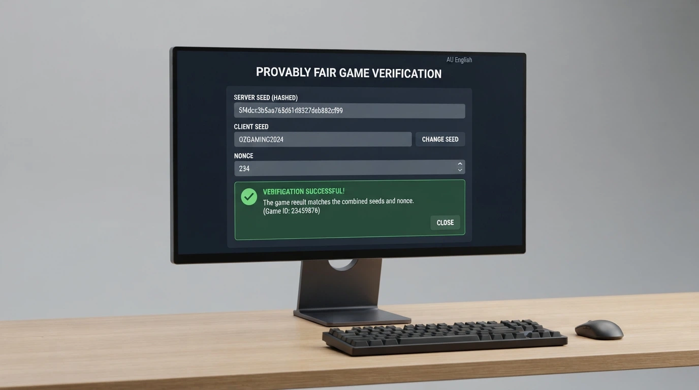 A desktop screen showing a provably fair game interface with the hashed server seed, client seed input field and nonce counter visible, alongside a verification-result dialogue