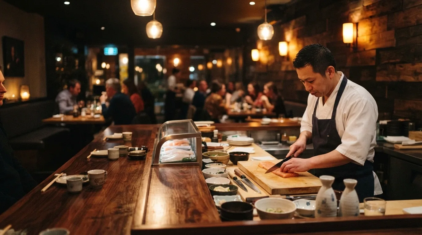 The interior of Sokyo restaurant at The Star Brisbane with sushi counter and ambient lighting