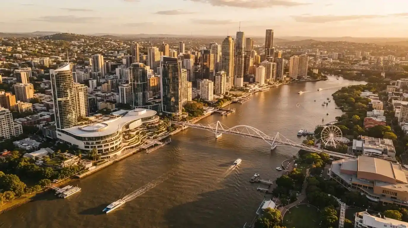 Aerial view of Brisbane CBD showing the Queen's Wharf precinct and Brisbane River with the city skyline