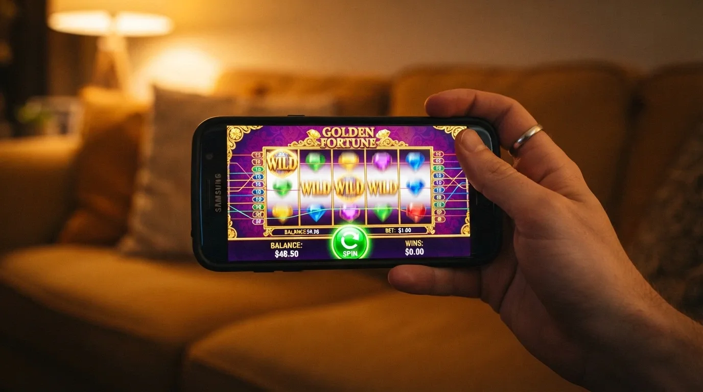 Android phone in landscape orientation displaying a colourful pokies game with the spin button centred at the bottom