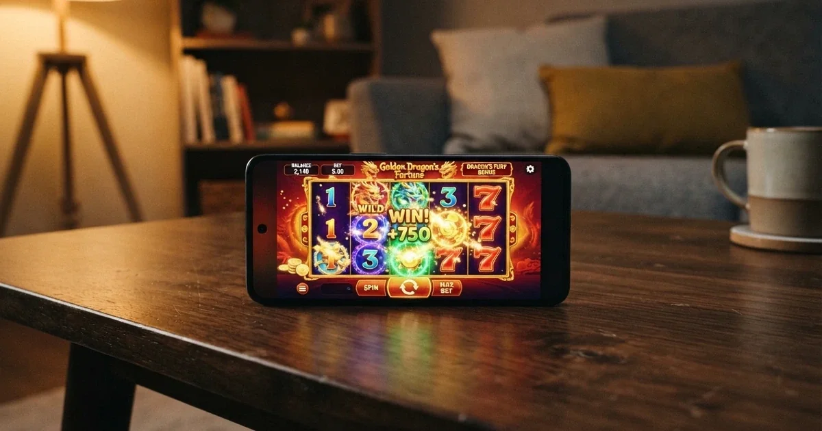 An Android phone screen showing a pokies game running in a mobile browser, with no app-store icon visible