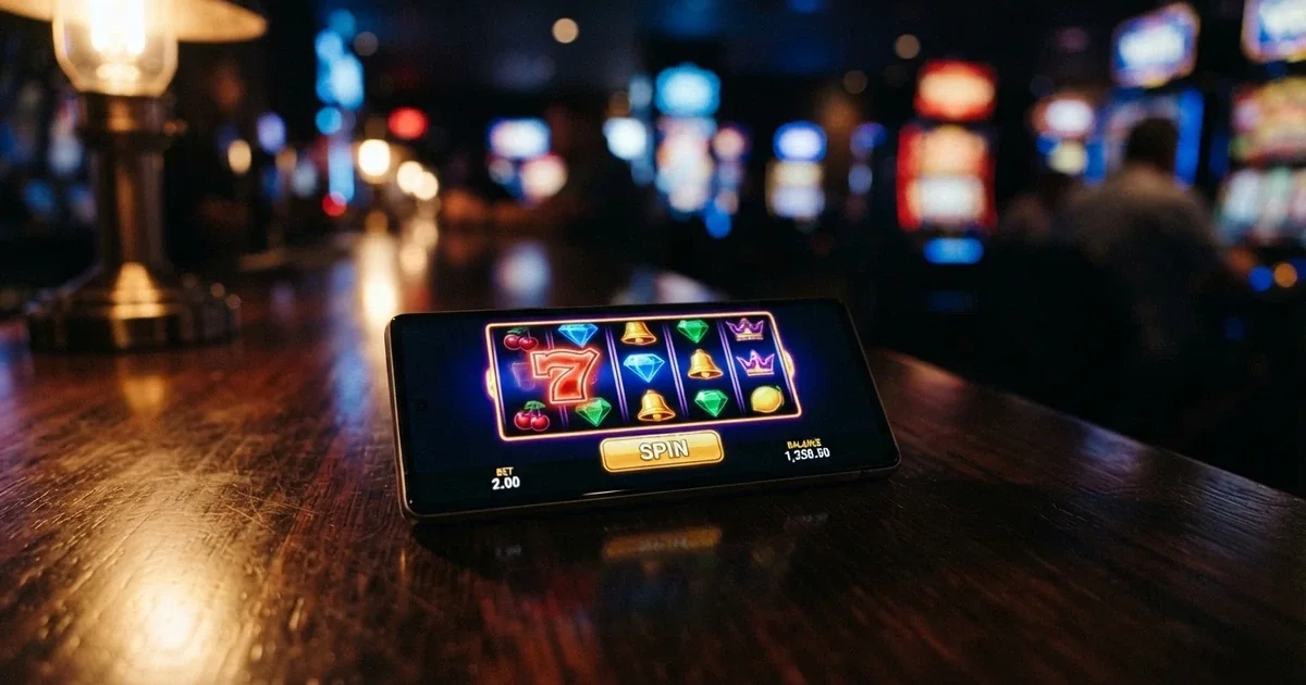 Smartphone screen showing a row of colourful online pokies game icons with a real-money play button