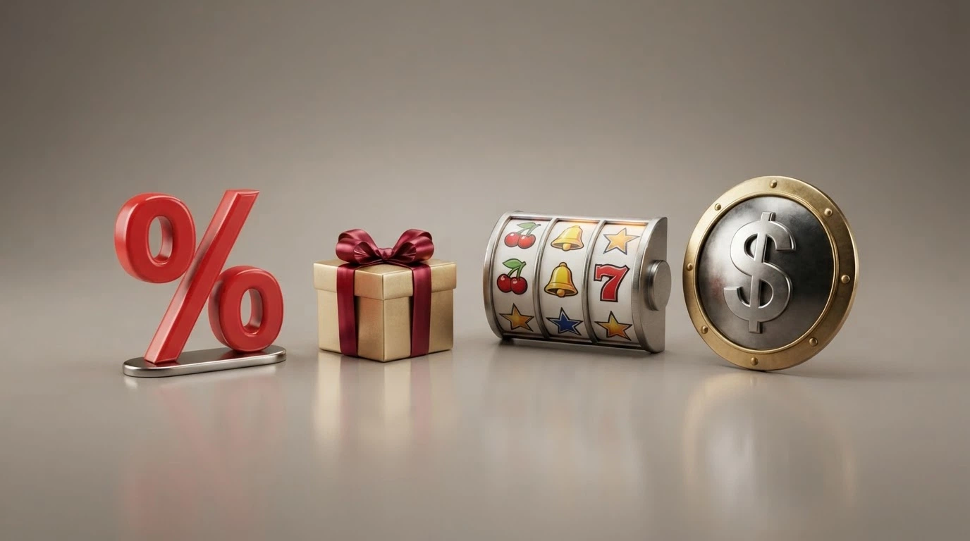 Four labelled icons representing the four reload bonus types — a percentage symbol for match deposits, a gift box for no-deposit, a slot machine reel for free spins, and a shield with a dollar sign for cashback