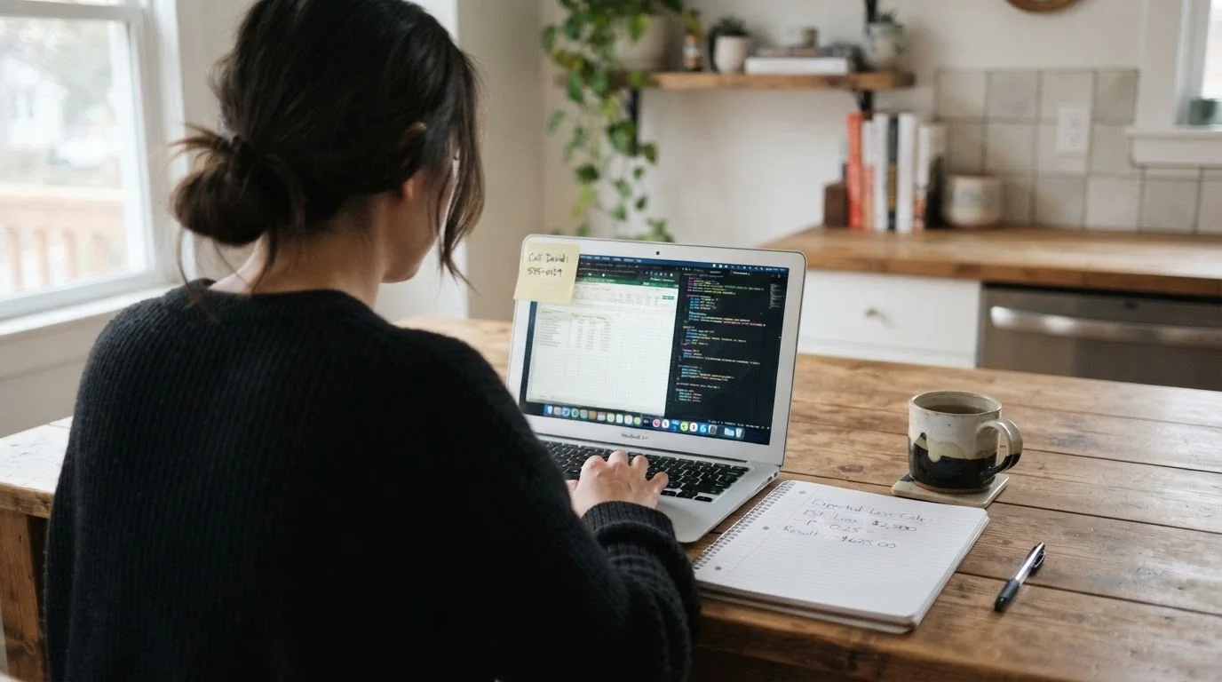 A calm, well-lit scene of a person at a laptop with a notebook beside them showing a simple expected-loss calculation, and the National Gambling Helpline number visible on a sticky note