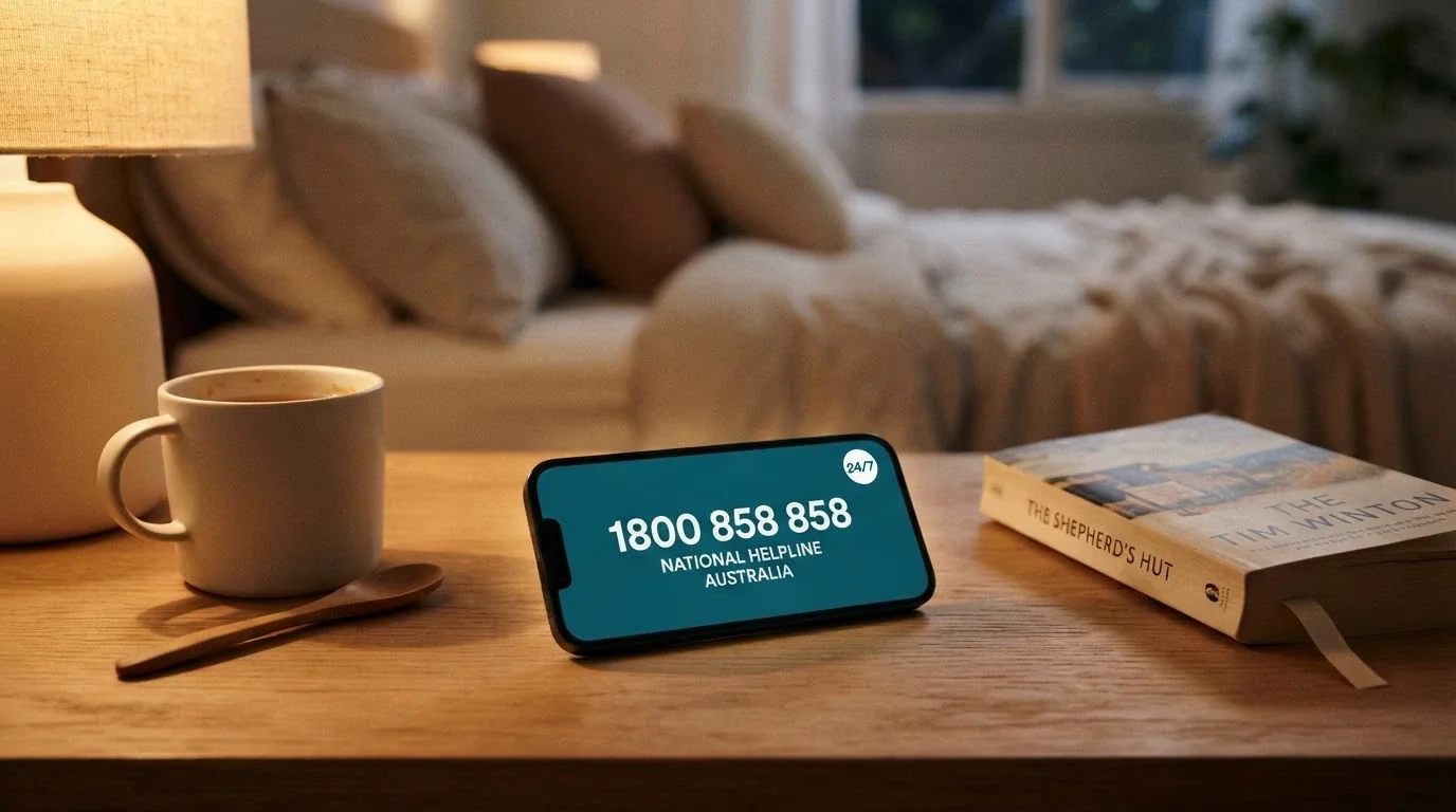 A phone screen displaying 1800 858 858 — the National Gambling Helpline — with the 24/7 badge