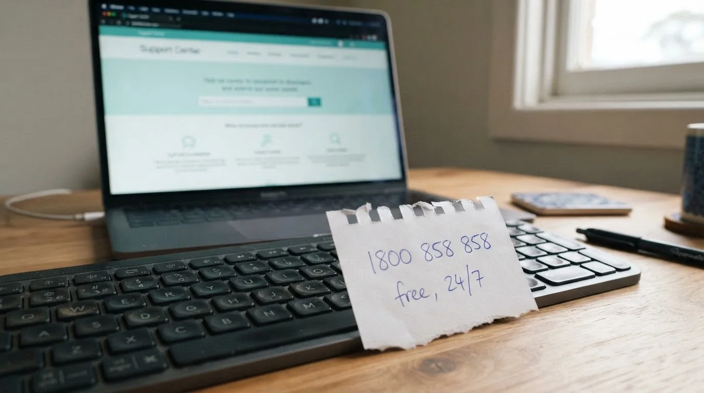 A close-up of a keyboard beside a handwritten note reading “1800 858 858 — free, 24/7” with a Gambling Help Online browser tab open in the background