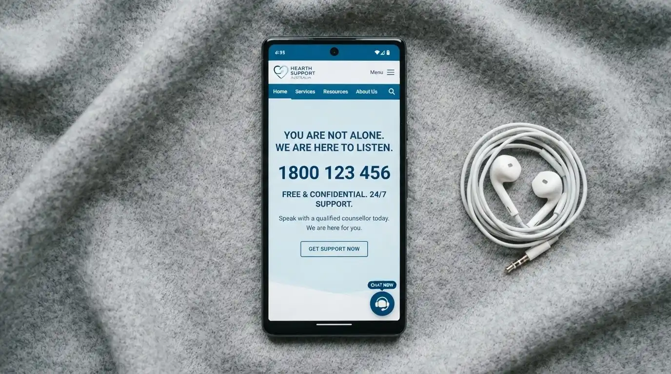 Android phone showing the Gambling Help Online homepage with the 1800 858 858 helpline number prominently displayed