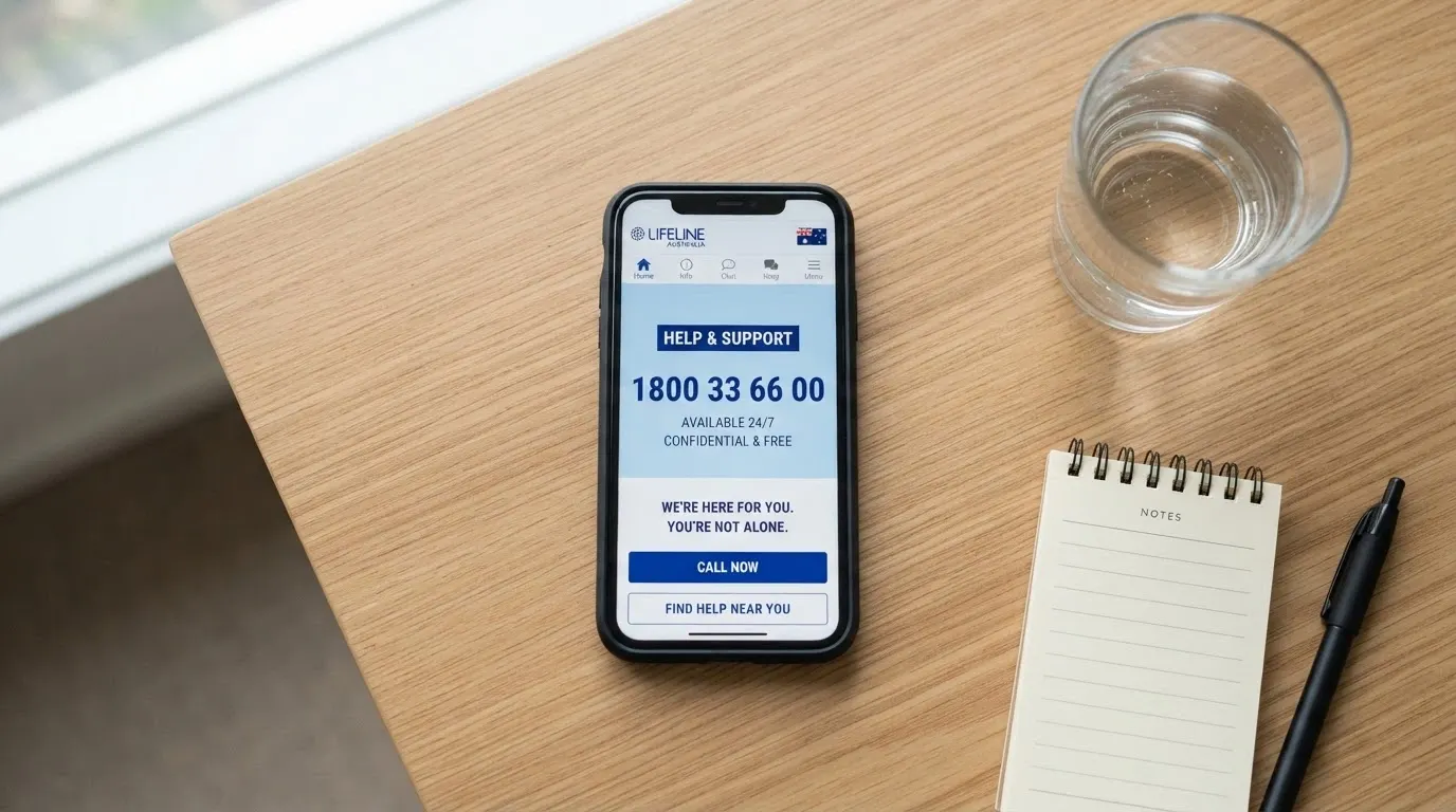A mobile phone screen showing the Gambling Help Online homepage or the 1800 858 858 number, set on a neutral surface