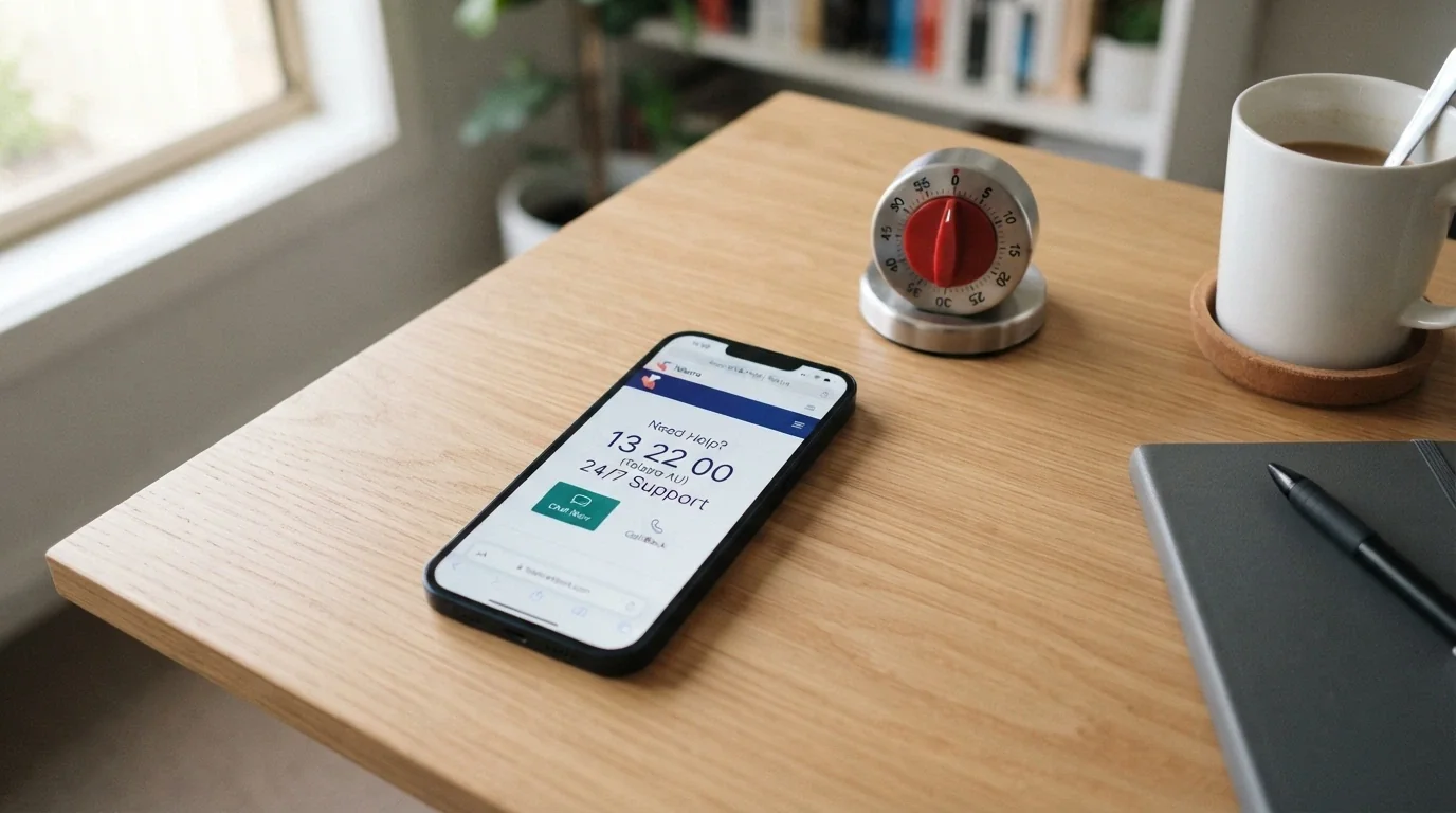 A smartphone screen displaying the Gambling Help Online homepage with the National Gambling Helpline number (1800 858 858) prominently shown, on a desk beside a cooling-off timer app