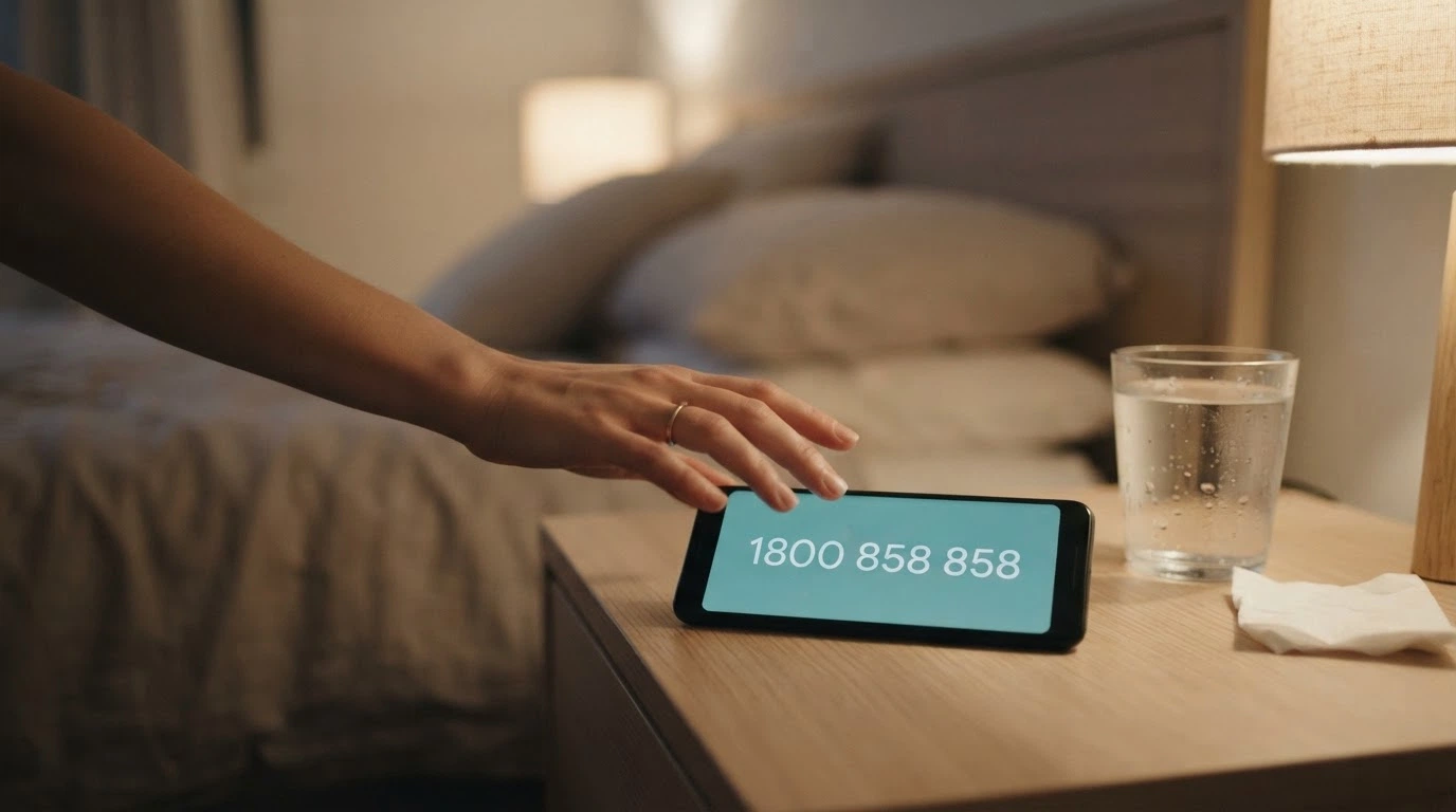 A hand reaching for a phone with the number 1800 858 858 displayed on the screen, beside a glass of water on a quiet table
