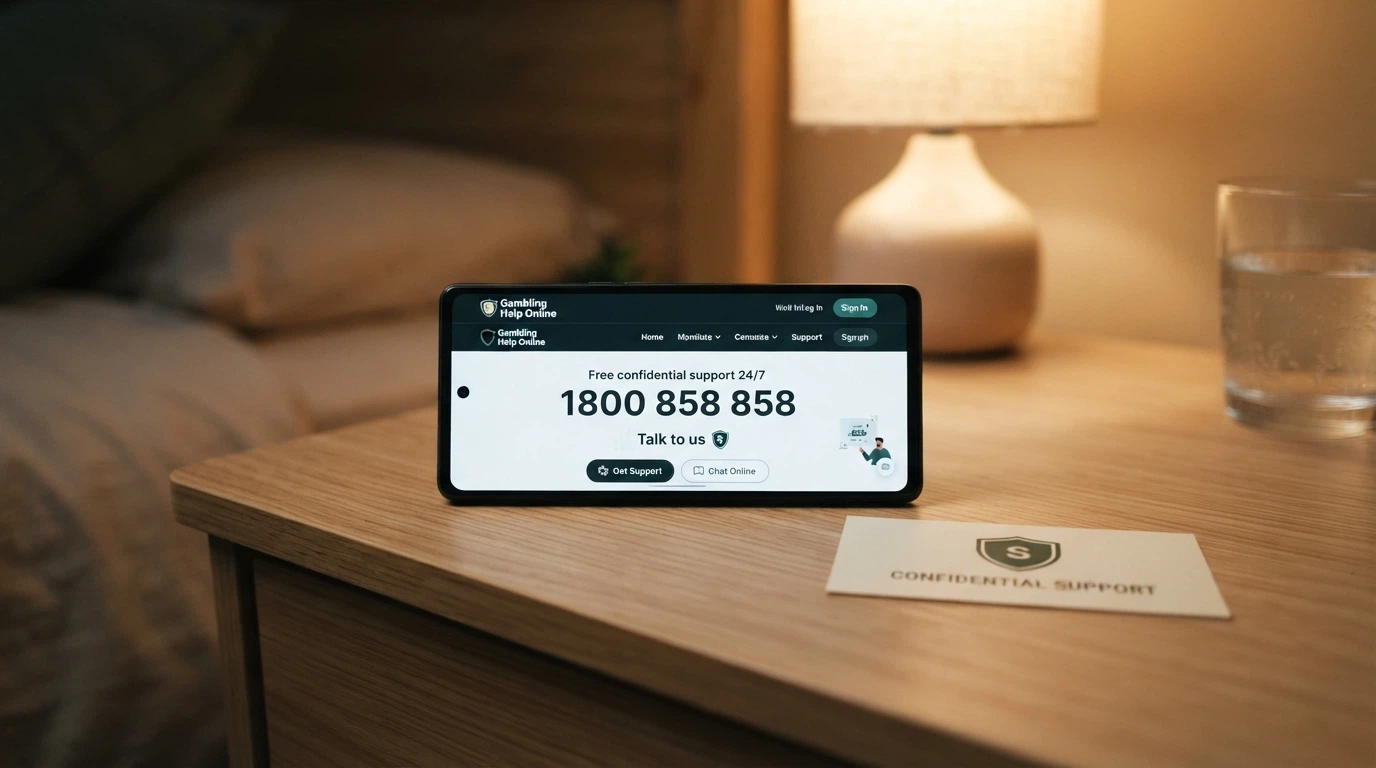 A phone screen showing the Gambling Help Online homepage and the number 1800 858 858 prominently, with a BetStop logo beside it