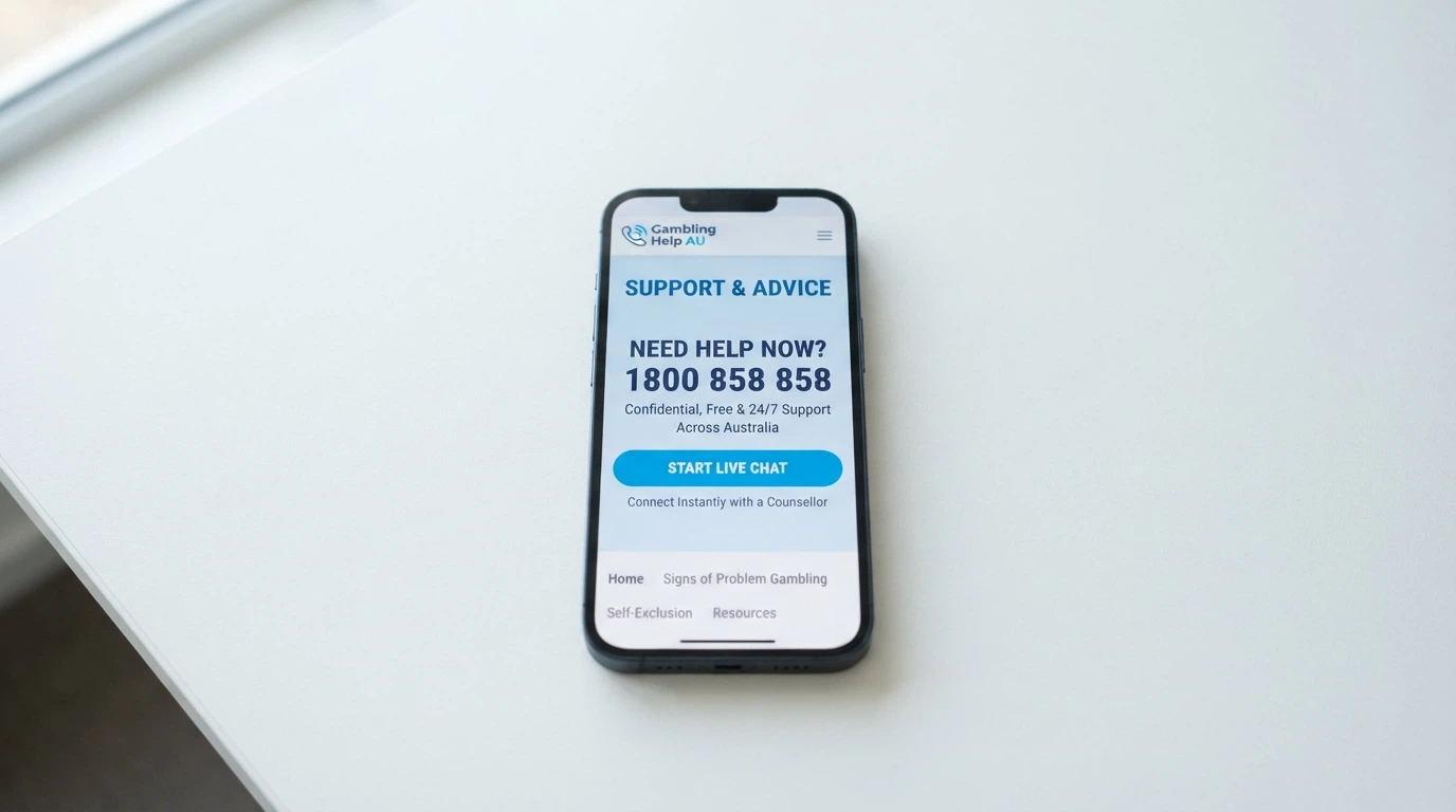 A smartphone screen showing the Gambling Help Online homepage with the 1800 858 858 helpline number and live-chat button prominent