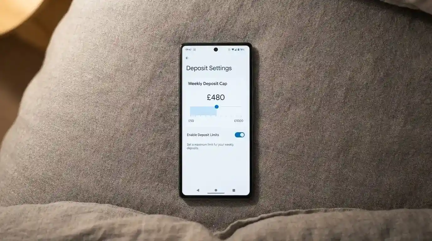 A phone screen showing a deposit-limit setting interface with a weekly cap being set, a BetStop logo visible in the corner