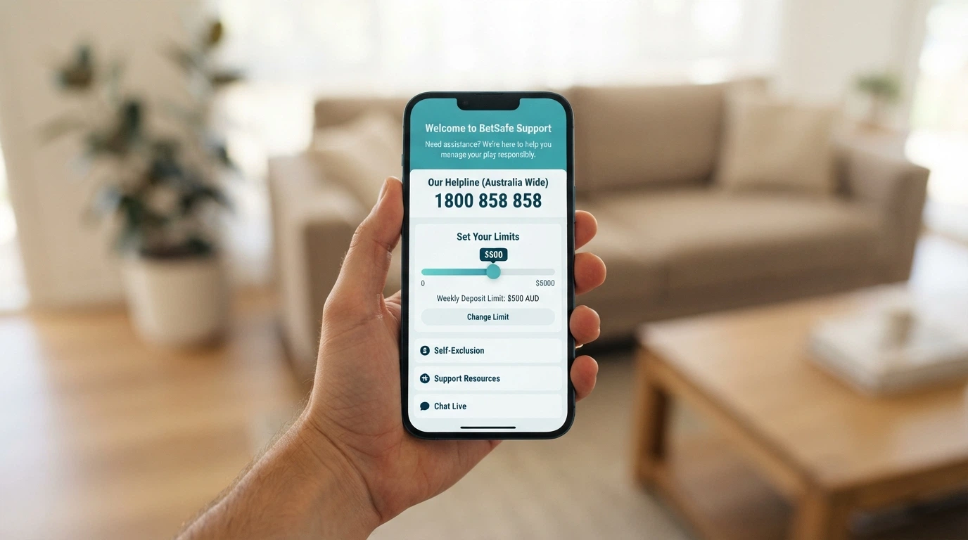 A phone screen displaying the Gambling Help Online homepage and the 1800 858 858 helpline number, with a deposit-limit slider visible in the background