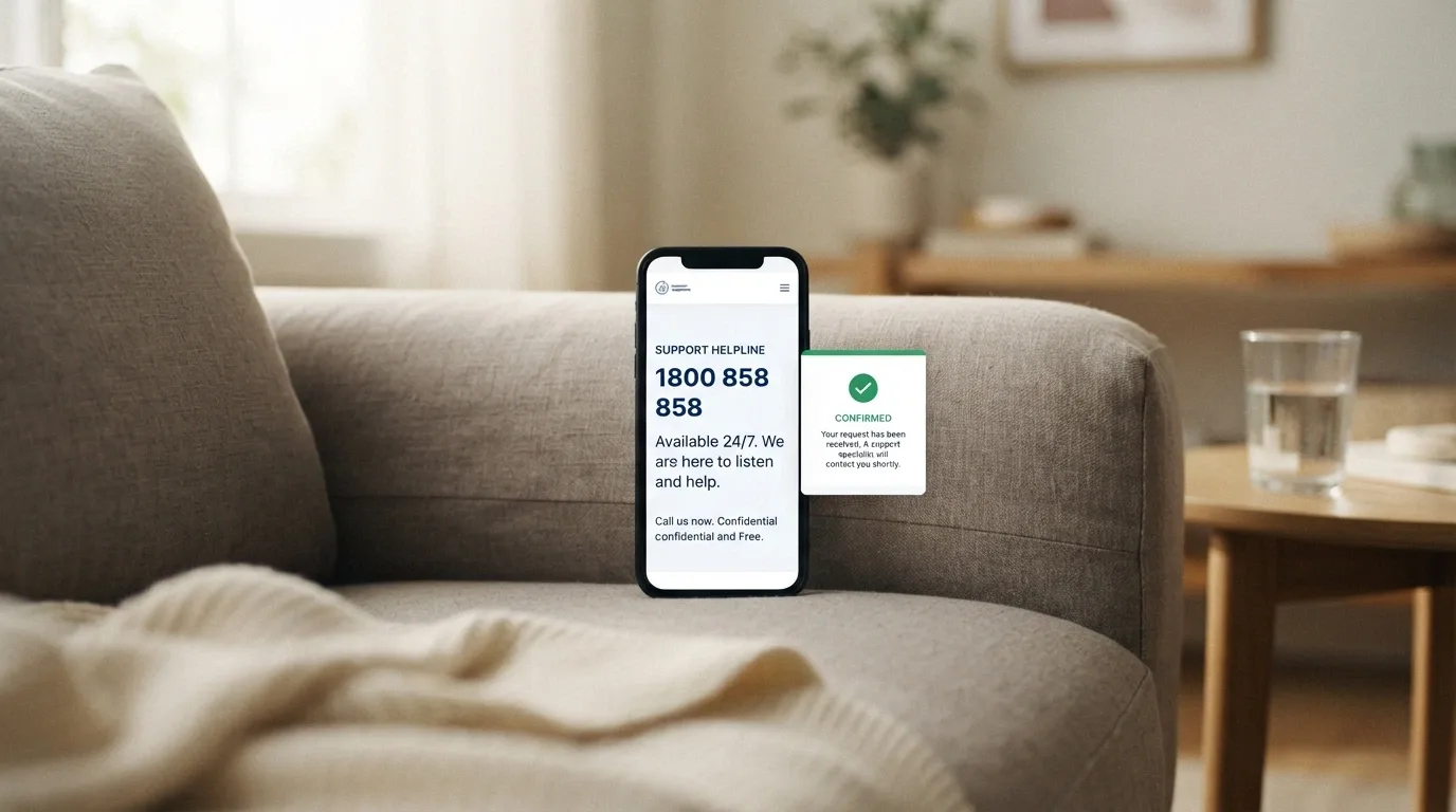 An iPhone screen showing the Gambling Help Online homepage with the 1800 858 858 helpline number prominent, next to a BetStop registration confirmation screen