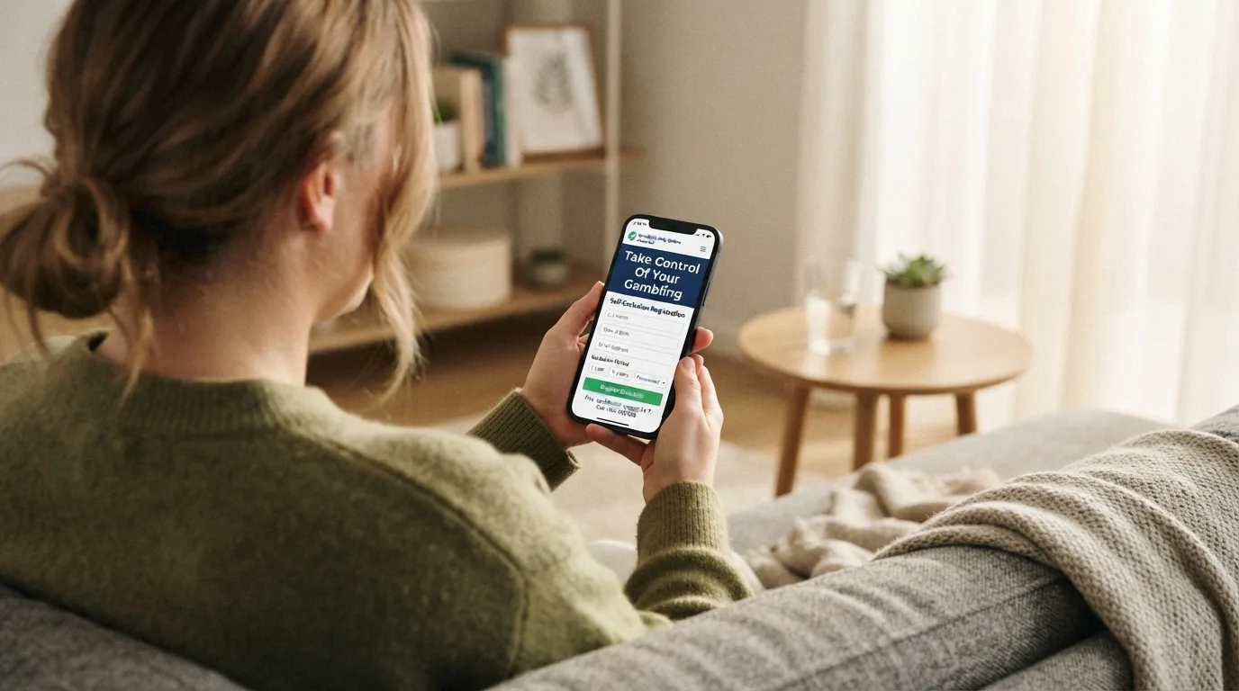 A person using a smartphone with the BetStop self-exclusion register website displayed on screen