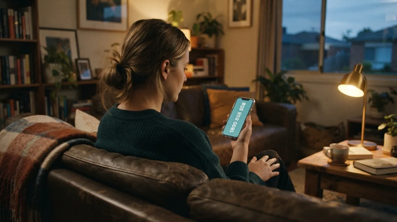 An Australian adult looking at a smartphone with a thoughtful expression, the 1800 858 858 helpline number visible in the frame