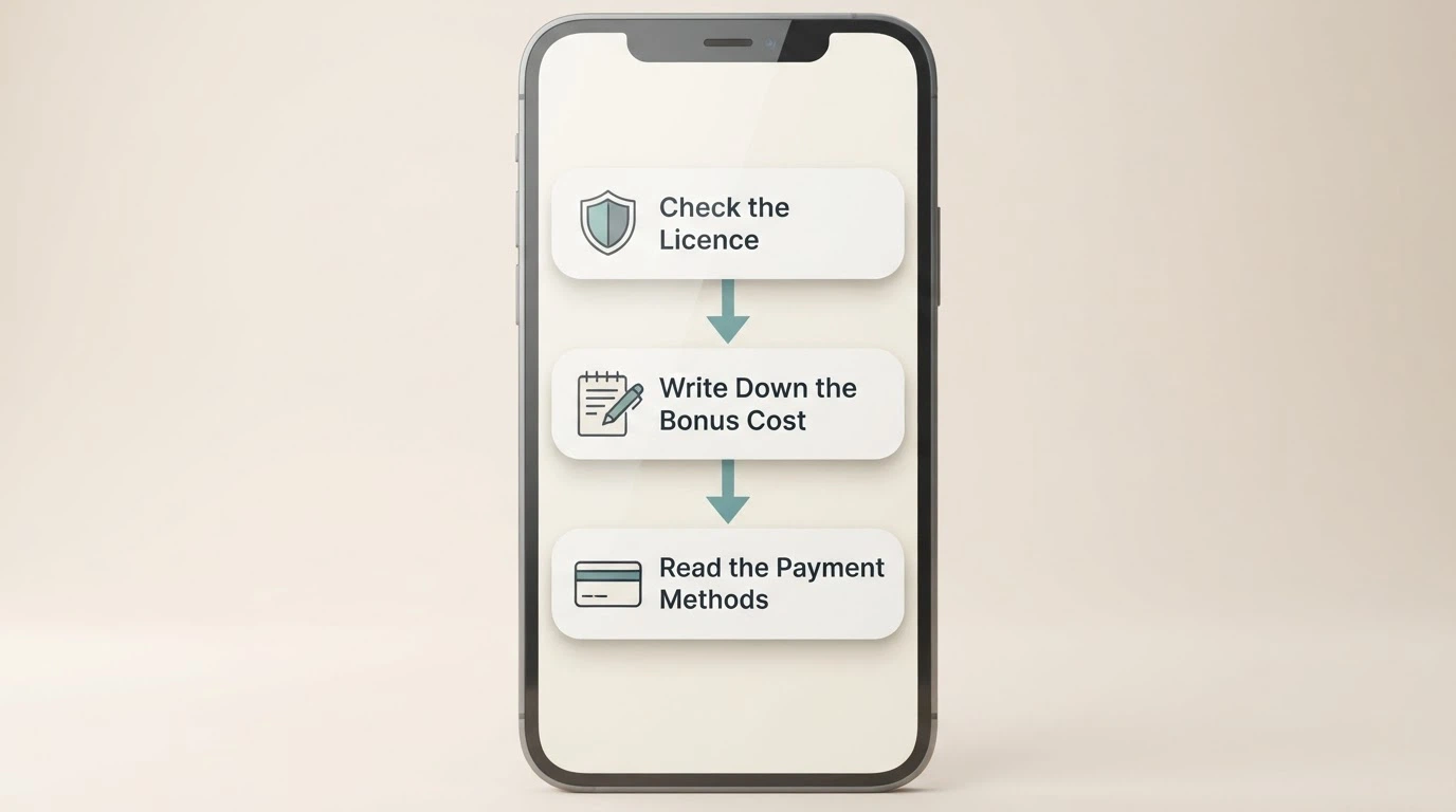 A decision-flow diagram on a phone screen showing the three questions to ask before depositing: licence check, bonus-cost calculation, payment-method signal
