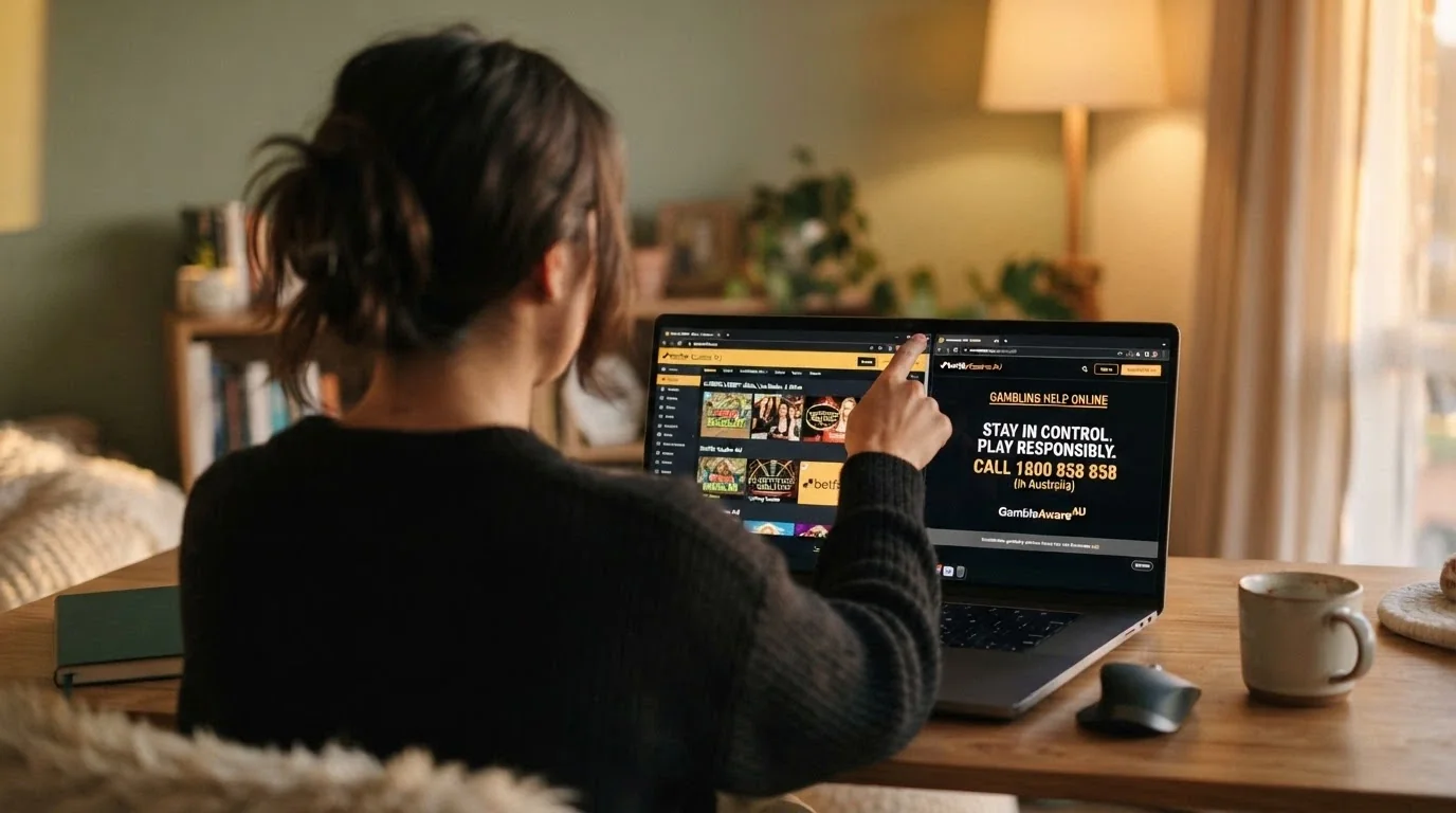 Australian player closing a casino browser tab, with a responsible gambling information page in the background