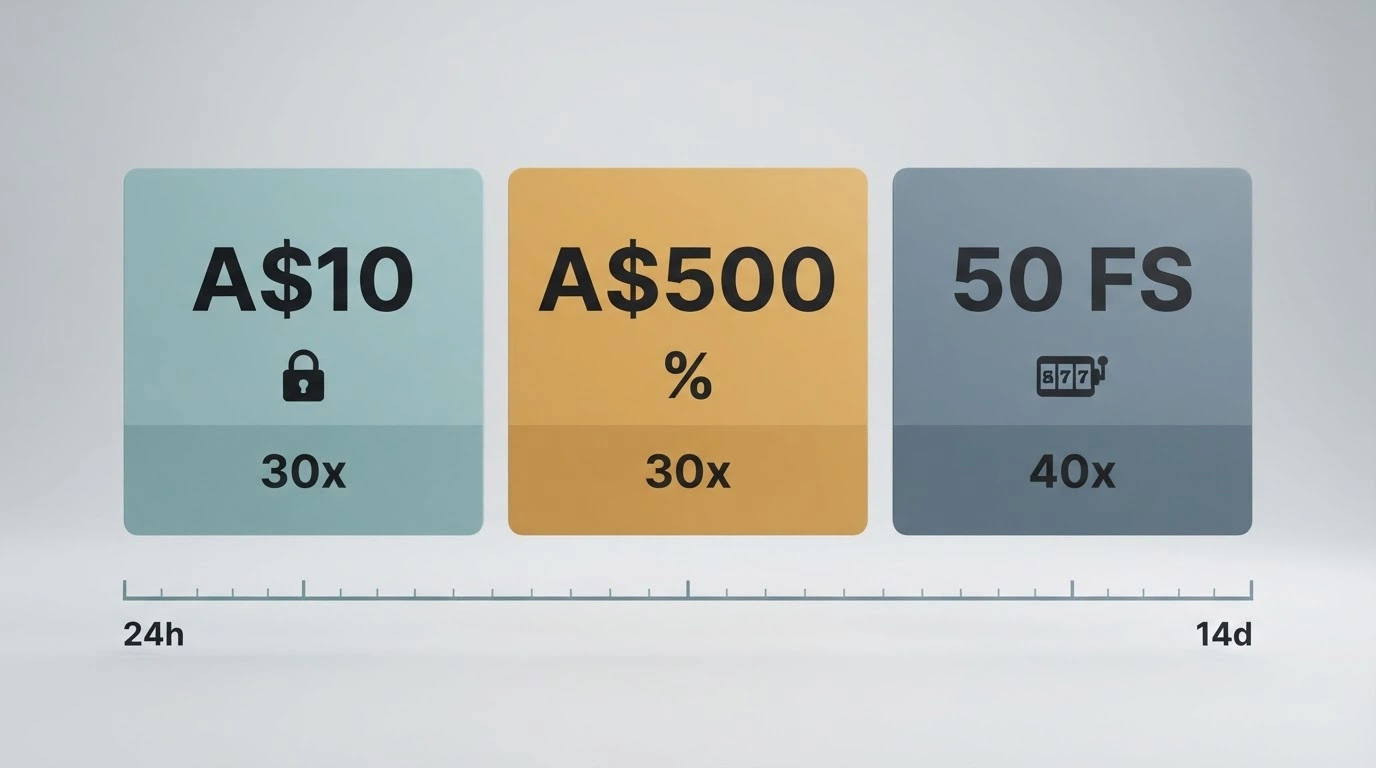 Side-by-side display of a no-deposit bonus offer, a deposit-match bonus and a free-spins package, each labelled with its wagering multiple, validity window and cashout cap in Australian dollars