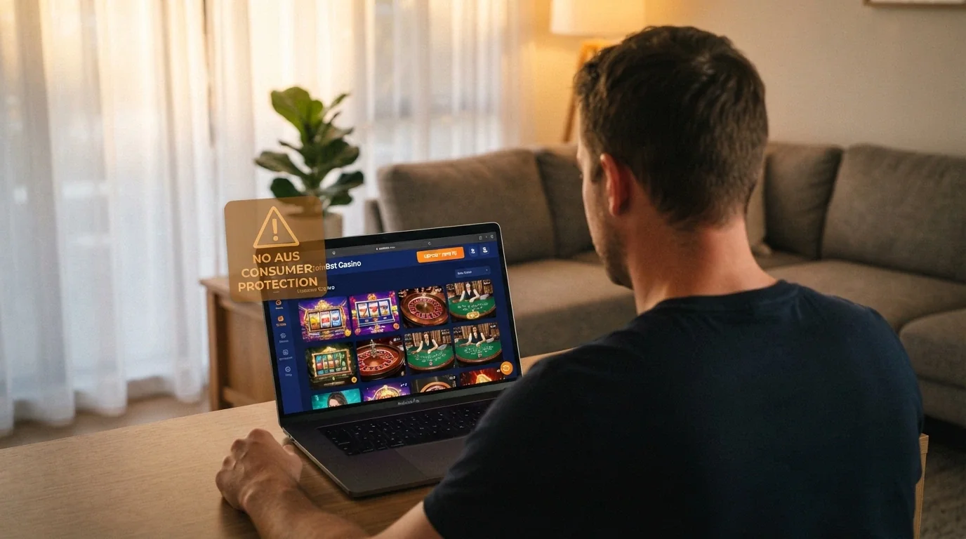 An Australian consumer looking at a laptop displaying a Solana casino homepage, with a translucent warning icon overlaid and the ACMA and BetStop logos visible in the background.