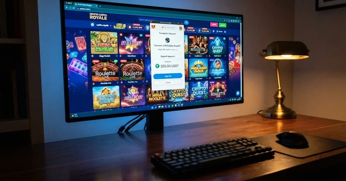 A Solana blockchain logo beside a digital casino lobby showing game tiles and a Phantom wallet connection prompt on a desktop screen.