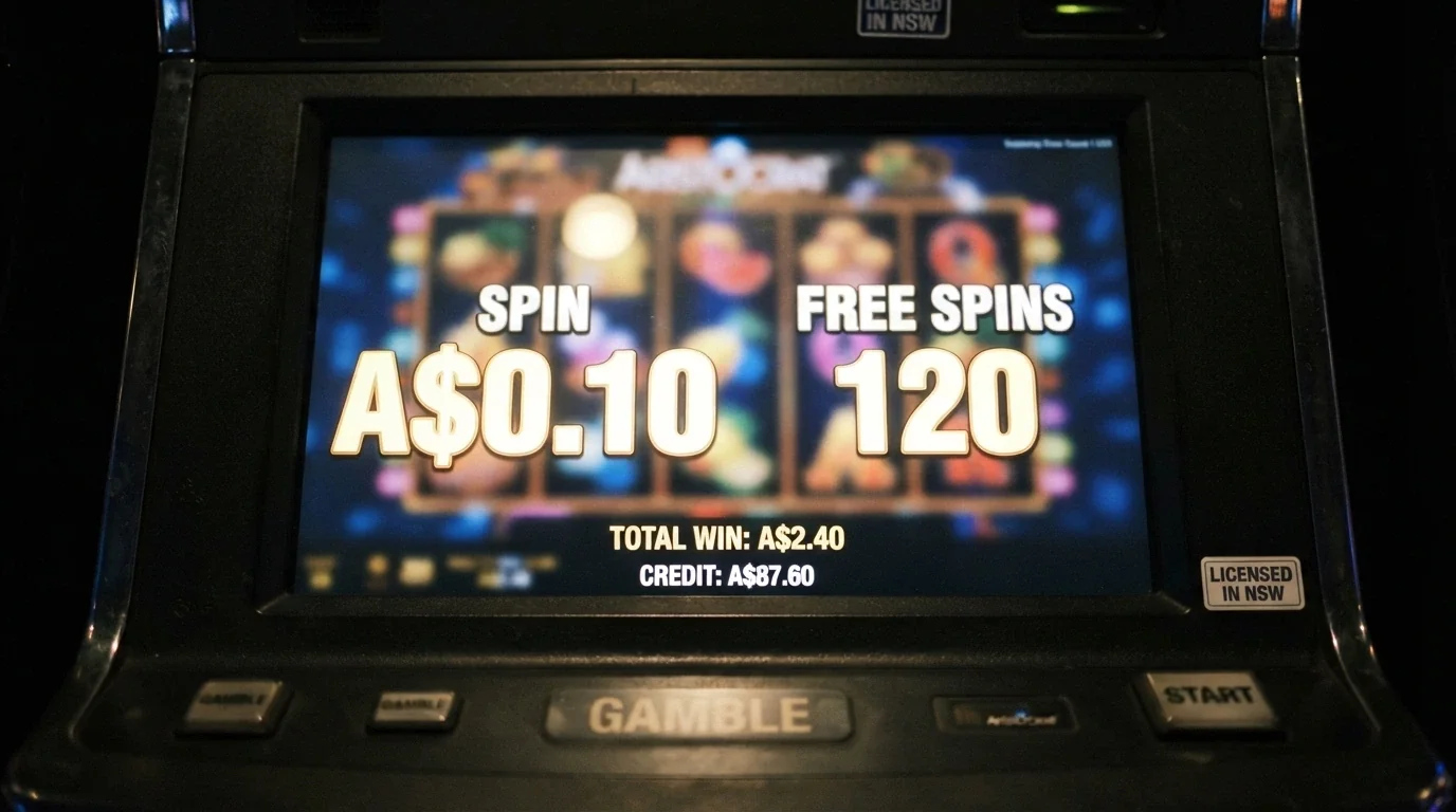 A close-up of a pokie screen displaying a spin denomination of A$0.10 beside a free spins counter showing 120