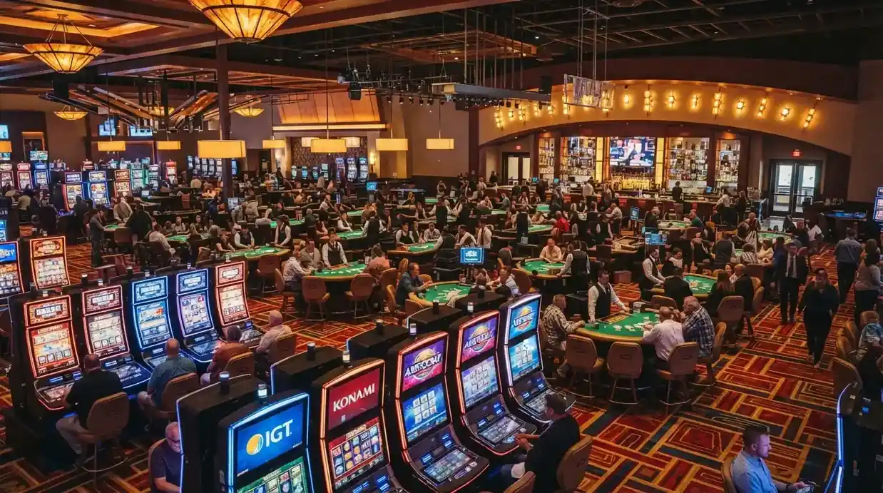 The Star Brisbane gaming floor with rows of table games and electronic gaming machines under feature lighting