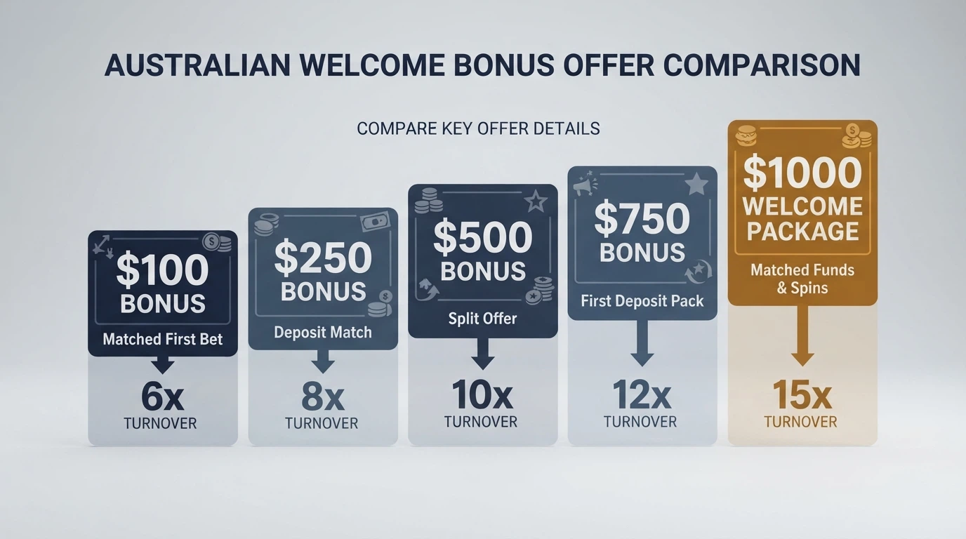 A side-by-side visual summary of welcome-bonus offers from the featured operators, with wagering multiples highlighted