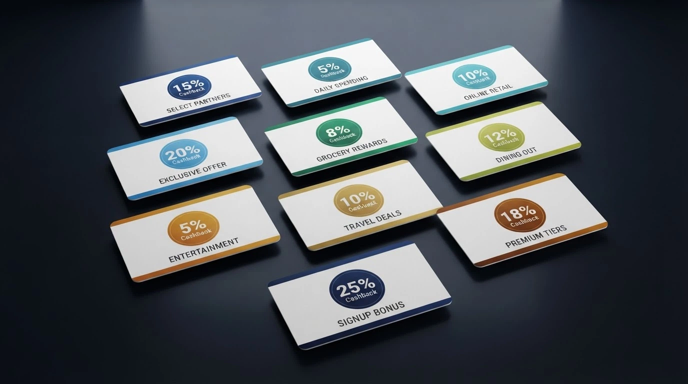 A grid of ten casino-brand cards arranged in a ranking layout, each showing a cashback percentage badge and a key term highlight