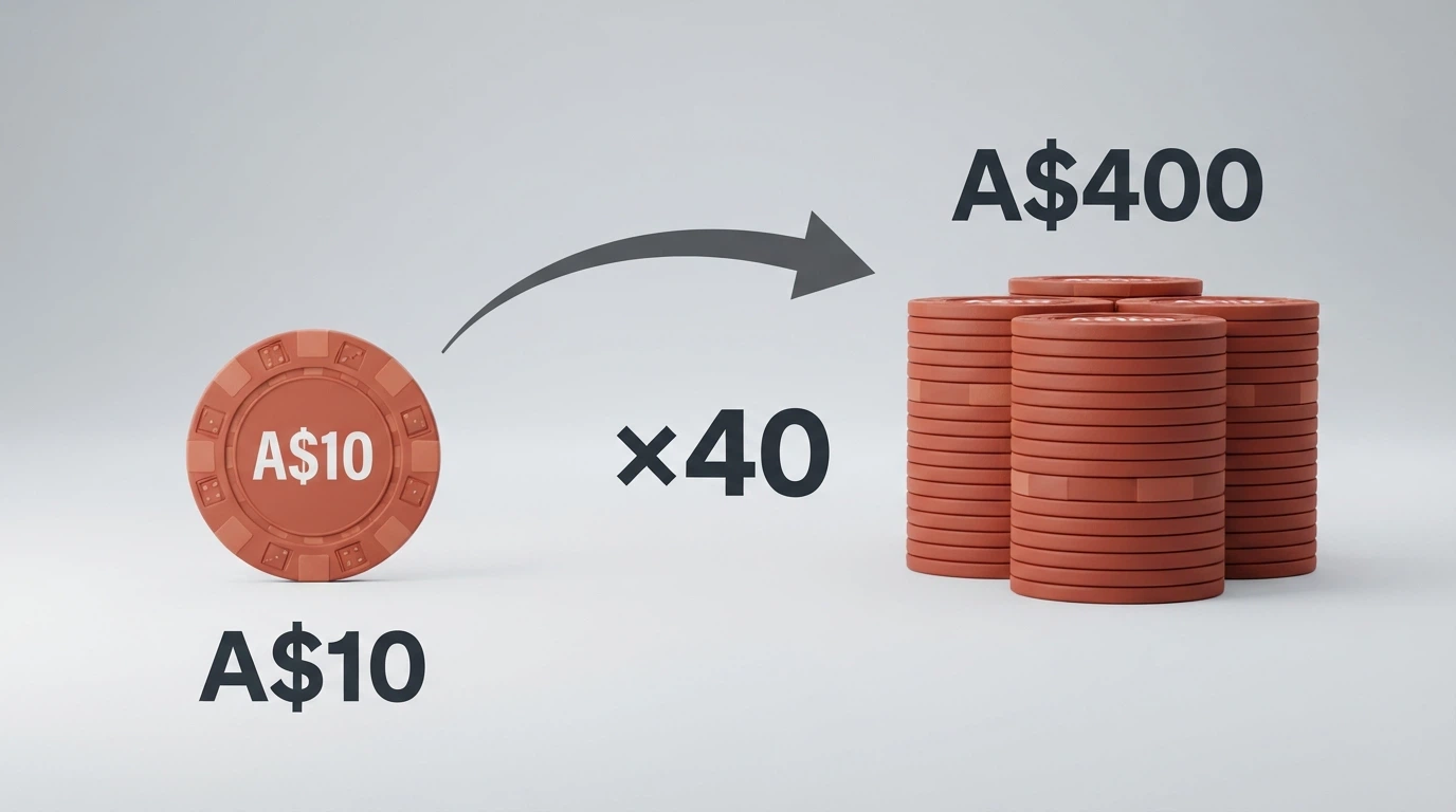 A simple diagram or split-screen showing a $10 bonus on one side and $400 in required bets on the other, illustrating the 40x turnover gap