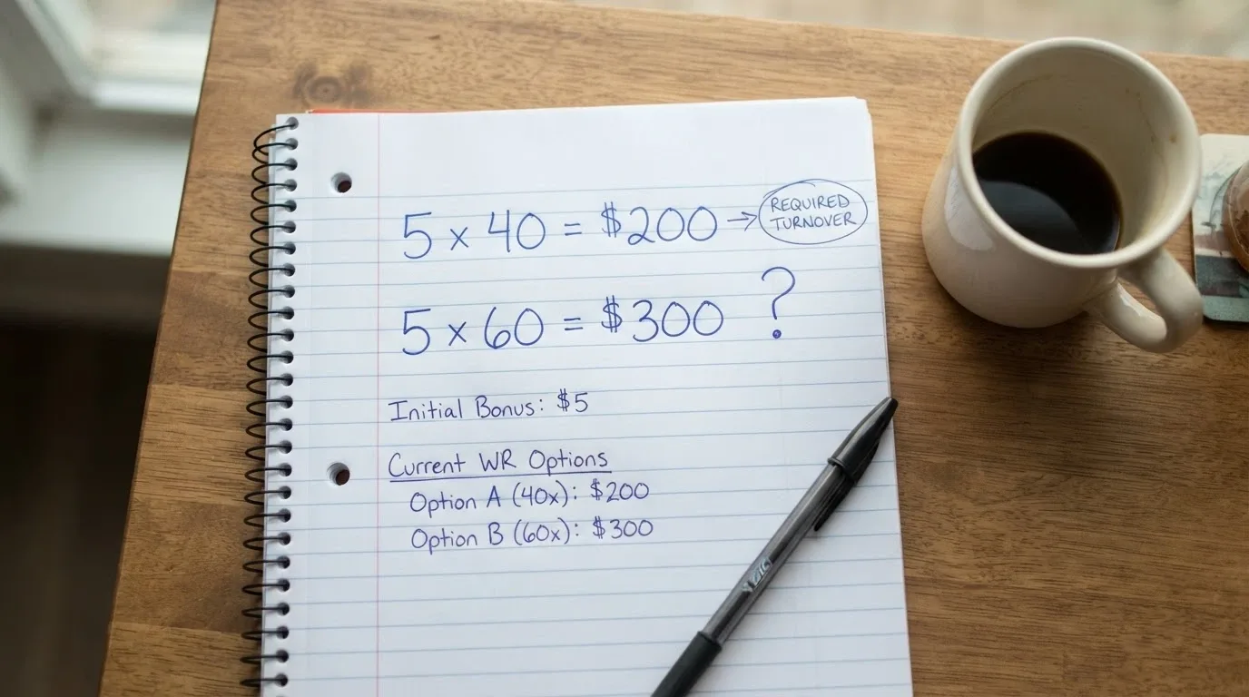 A notepad with handwritten calculations showing a free-spin bonus value of A$5 multiplied by a 40x wagering requirement equalling A$200 in required turnover