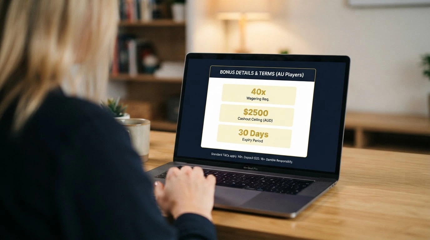 A close-up of a casino bonus terms pop-up on a laptop screen, with the wagering requirement, max cashout and expiry date fields highlighted in yellow