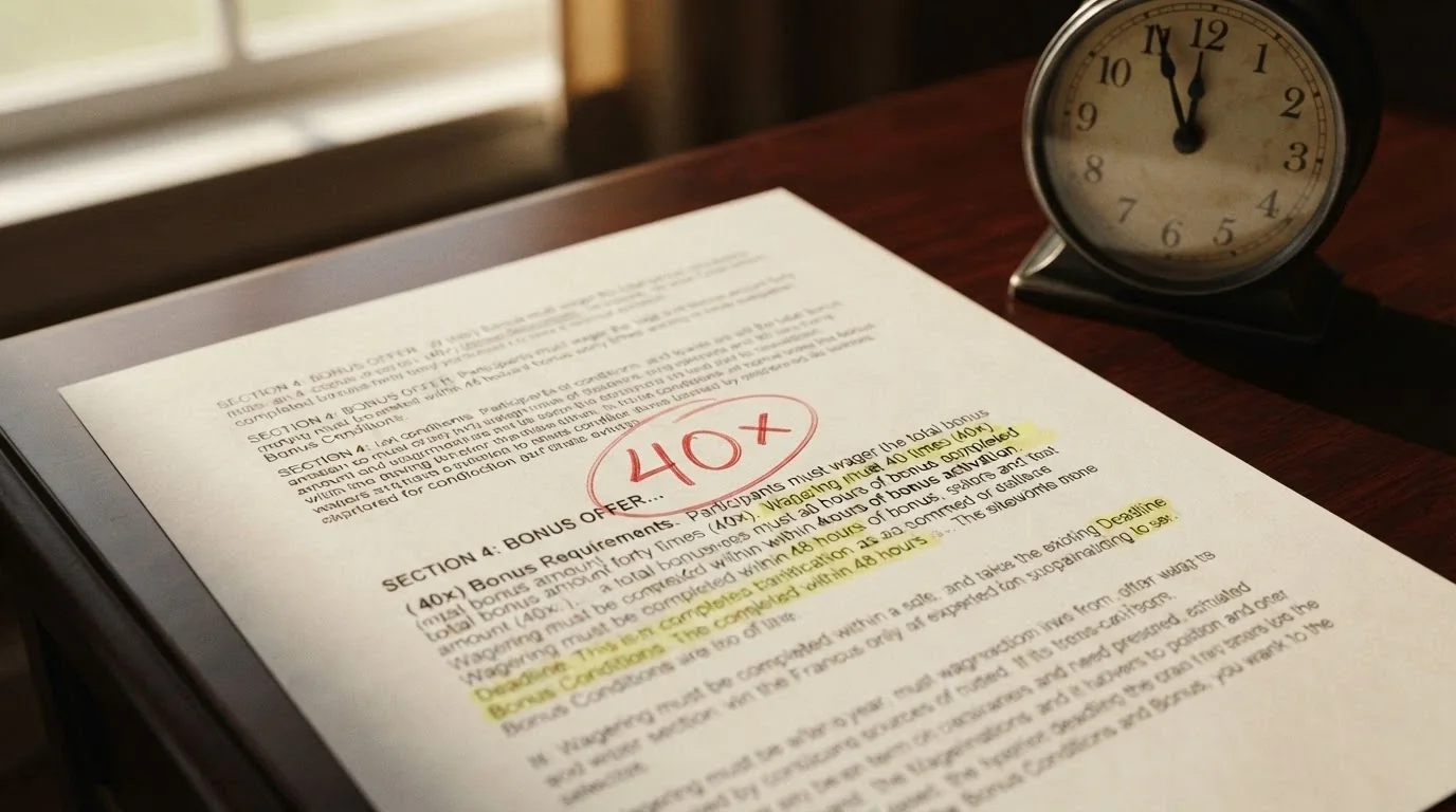 A close-up of bonus terms and conditions showing wagering requirement multipliers, max cashout limits and a ticking expiry clock