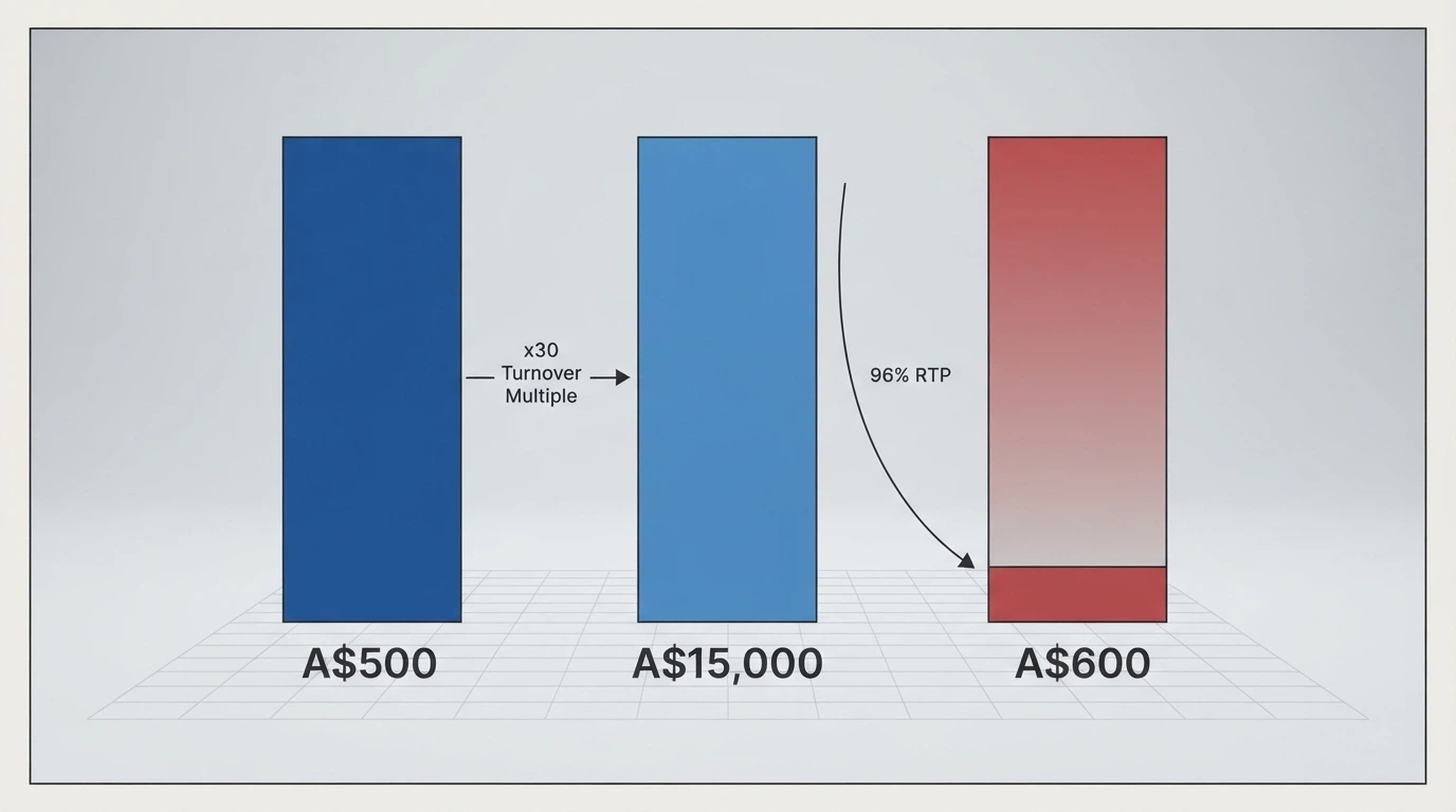 A visual breakdown of how a A$500 bonus at 30x bonus-only becomes A$15,000 in required turnover, with a shrinking bar showing the RTP drain