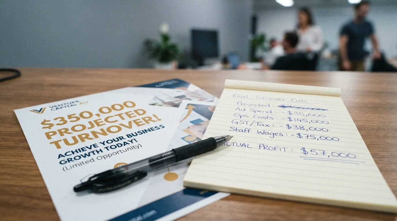 A welcome-bonus advertisement showing a large dollar figure, with a calculator beside it showing the real turnover obligation in smaller print